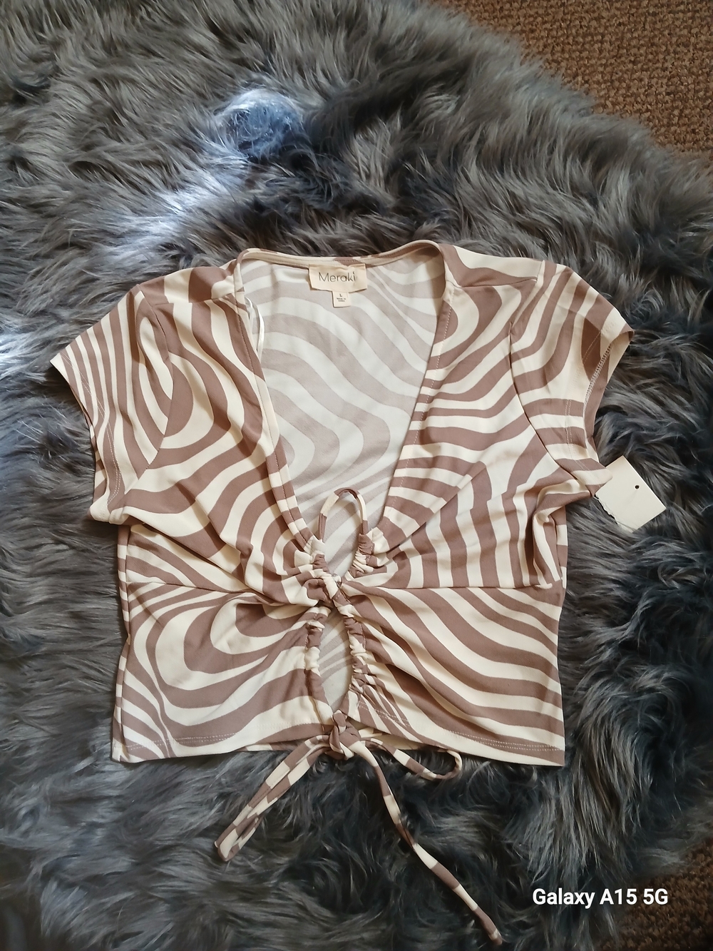 meraki Taupe & Cream Swirl Tie-Front Ruched Crop Top